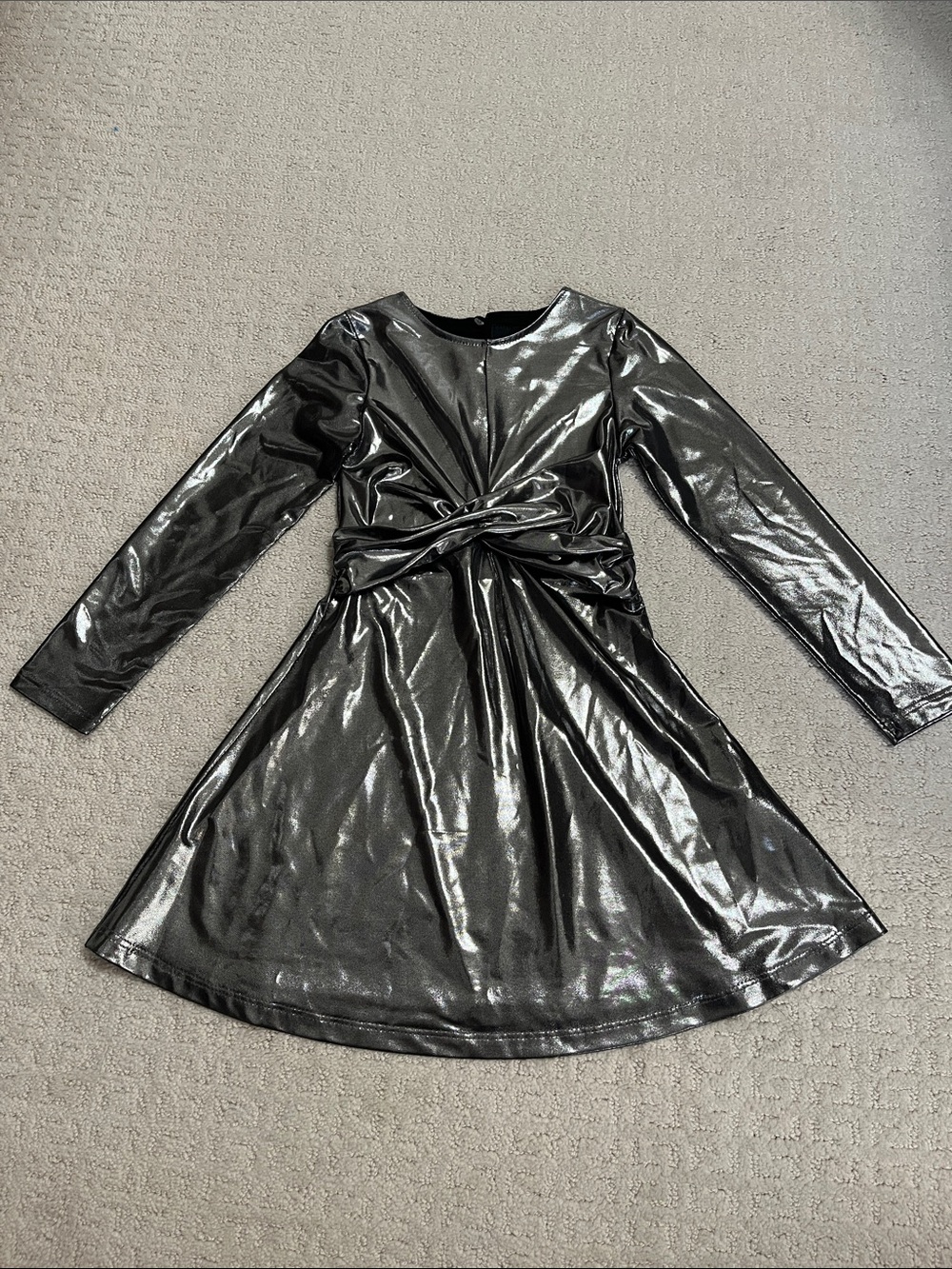 Zara Girl’s Dress Sz 6 Silver Fit and Flare Frock Shiny Long Sleeve Festive